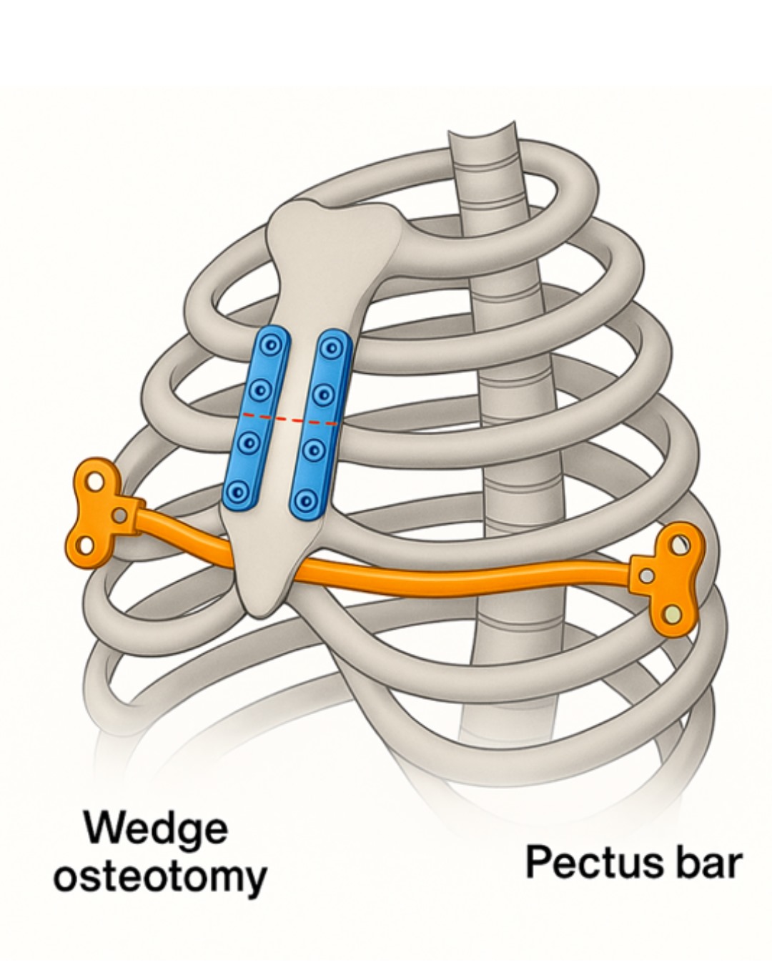 "Optional Nuss bar support to elevate the lower sternum" "Optional Nuss bar support to elevate the lower sternum"